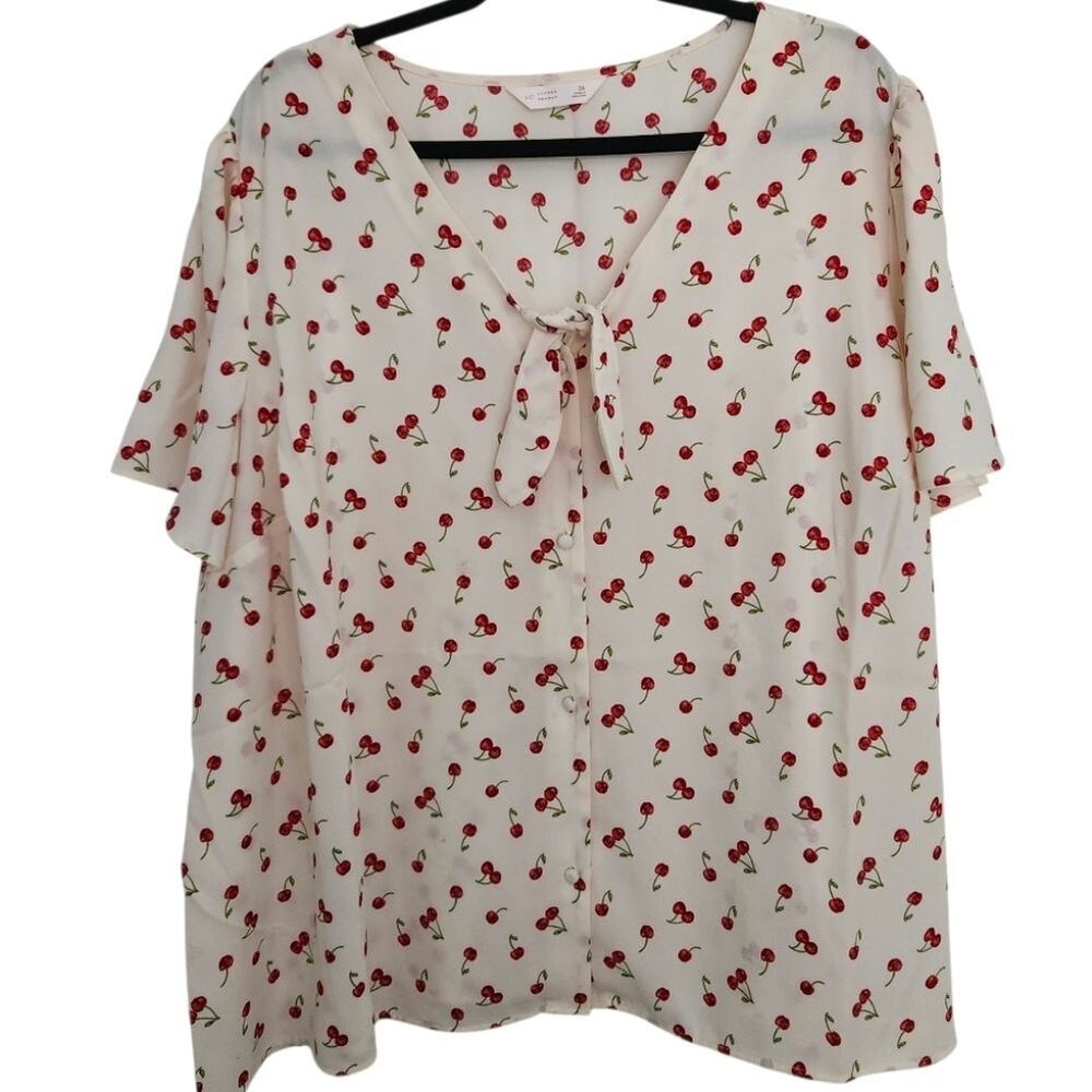 LC Lauren Conrad Womens Plus Cherry Pattern Tie-Neck Blouse Button Front Size 3X